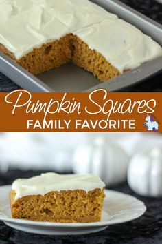 pumpkin squares with white frosting are sitting on a plate and in front of the cake