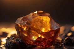 an orange diamond surrounded by other rocks and gravel on a dark background with light coming from behind it