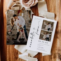 a couple's wedding photos are on the table next to their save the date card