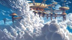 an artist's rendering of a futuristic city floating in the sky with clouds surrounding it