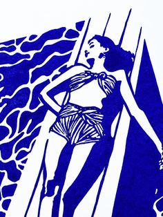 a drawing of a woman standing in front of a blue and white background with waves