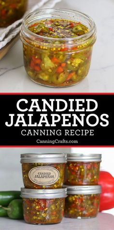 three jars filled with canned jalapenos sitting on top of a counter