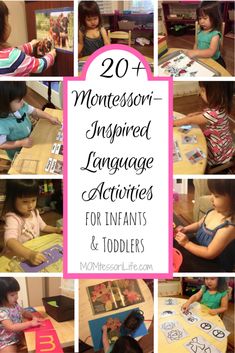 several pictures of children using different language activities for toddlers to learn and play with