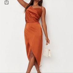 Nwt Please Note The Above Is Stock Photo If You Want Actual Pics Lmk Rust Knee Length Dress, Rust Satin Dress, Satin Dress Midi, Plunge Midi Dress, Cami Midi Dress, Missguided Dress, Draped Midi Dresses, Guest Attire, Formal Dresses Short