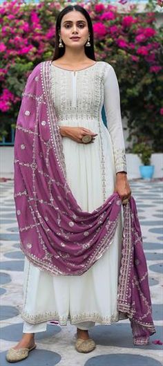 White and Off White color Salwar Kameez in Art Silk fabric with Embroidered, Sequence work White Mirror Work Kurti, White Anarkali Suits Party Wear, Anarkali Dress Simple, White Indian Dress, Pakistani Kurti Designs, Indian Outfits Modern