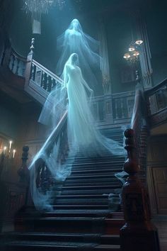 a woman dressed in white walking down some stairs with chandeliers hanging from the ceiling