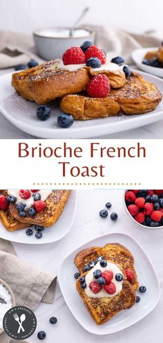 french toast topped with berries and blueberries on a white plate next to other breakfast foods