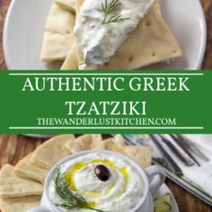 two plates with different types of food on them and the words authentic greek tzatzki