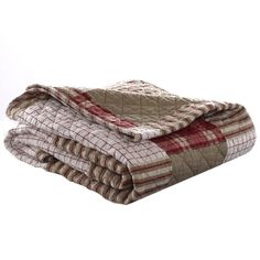 two blankets folded on top of each other in front of a white background with red and tan plaid