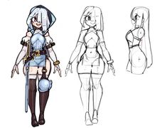 three sketches of different female body shapes and hair styles, one in blue with long white hair