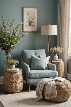 a living room with blue walls and wicker furniture