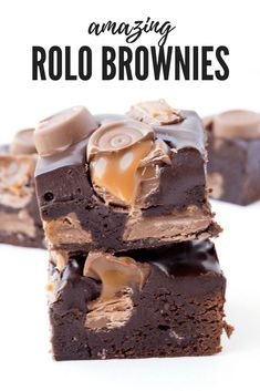 chocolate brownies stacked on top of each other with the words amazing rolo brownies above them