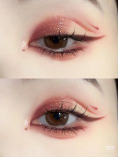 Asian Colored Contacts, Red Soft Makeup, Korean Red Makeup, Red Douyin Makeup, Makeup Big Eyes, Monolid Makeup, Red Eye Makeup