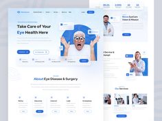 the landing page for an eye care website is shown in three different colors and sizes