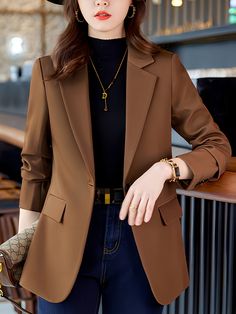 Trendy Blazers, Women's Outfits By Occasions, Brown Blazer, Button Long Sleeve, Open Front Blazer, Long Sleeve Blazers, Blazer Outfits, Business Casual Outfits