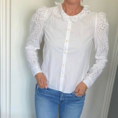 Romantic, Eyelet Blouse With Puckered Shoulders. Size Xs 100% Cotton Fitted Blouse With Broderie Anglaise, Fitted Broderie Anglaise Blouse, Casual Fitted Blouse With Broderie Anglaise, Fitted Casual Blouse With Broderie Anglaise, Feminine Broderie Anglaise Blouse For Brunch, Fitted Broderie Anglaise Blouse For Day Out, Chic Fitted Broderie Anglaise Blouse, Fitted Broderie Anglaise Chic Blouse, Eyelet Blouse