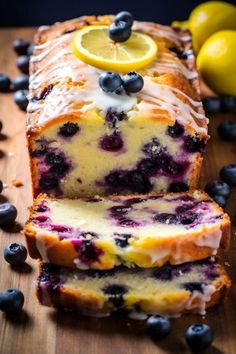 blueberry lemon loaf cake on a cutting board