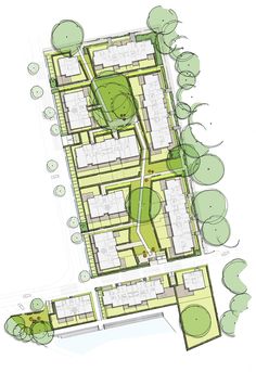 an architectural drawing shows the ground plan for a residential area with trees and bushes on each side