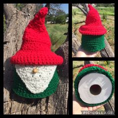 crocheted christmas gnome hat hanging on a tree branch with toilet paper roll holder