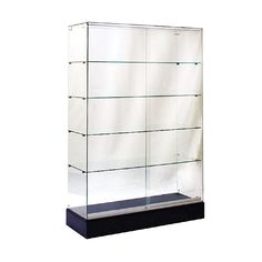 a glass display case with black base and shelves on the bottom, in front of a white background