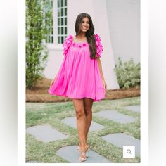 Pleated Frill Shoulder Dress- Barbie Pink Nwt These Three Boutique, Barbie Pink Color, Denim Ruffle Dress, Apple Dress, Satin Wrap Dress, Silk Shift Dress, Boho Summer Dresses, Panel Dress, Boho Floral Dress