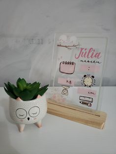 a small potted plant sitting on top of a table next to a card board