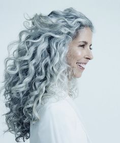 Long silver gray hair. Grey hair. Granny hair. Aging and going gray gracefully. No dye.  Dye free. White hair. Curly Gray Hair, Grey Balayage, Granny Hair, Hair Gray