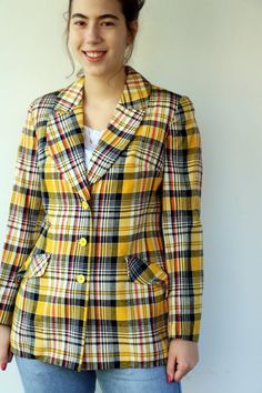 Vintage plaid jacket in yellow red black and white, button-up, fully lined in satin, side pockets, original tag intact,100% Rayon, aside from minor signs of wear, very good vintage condition, clean, ready to wear.  ** Model is 5'8" and size S/M for reference.**Approximate size: M- please refer to the measurements.M E A S U R E M E N T S -were taken with garments laying flat, please double where necessary.————————————♥————Length :28"-72cmArmpit to Armpit: 19“-49cm (buttoned)Shoulder to Shoulder: Vintage Yellow Formal Blazer, Yellow Vintage Blazer For Formal Occasions, Fitted Yellow Blazer With Button Closure, Retro Plaid Blazer For Formal Occasions, Retro Plaid Formal Blazer, Fitted Single Button Plaid Outerwear, Retro Workwear Blazer With Buttons, Formal Vintage Yellow Outerwear, Retro Fitted Cotton Blazer