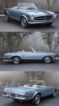 three different views of an old convertible car