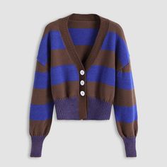 a brown and blue striped cardigan sweater Blue Oversized Cardigan For Fall, Oversized Blue Cardigan For Fall, Blue V-neck Outerwear For Fall, Blue Knitted Cardigan For Fall, Fitted Blue Cardigan For Fall, Blue V-neck Cardigan For Fall, Blue Cotton Winter Cardigan, Winter Blue Cotton Cardigan, Blue Button-up Sweater For Fall