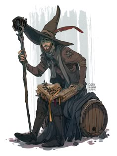 a drawing of a wizard sitting on top of a barrel holding a sceptacle