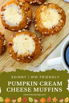 pumpkin cream cheese muffins on a wooden cutting board with coffee and autumn leaves