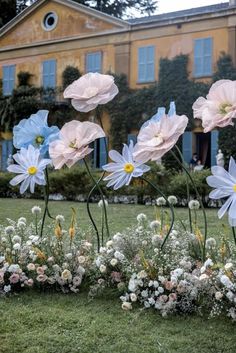 flowers in front of a building with blue shutters on the windows and green grass