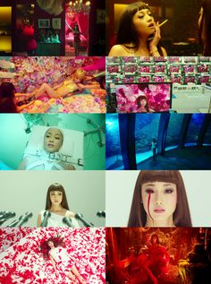 the collage shows different images of women in red and pink outfits, including one woman with