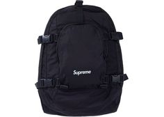 Supreme Backpack (FW19) Black Streetwear Backpack With Adjustable Straps, Luxury Streetwear Standard Backpack, Streetwear Standard Backpack With Logo, Streetwear Logo Backpack, Streetwear Logo Standard Backpack, Luxury Backpack For Streetwear, Luxury Streetwear Backpack, Streetwear Backpack With Logo, James Jebbia