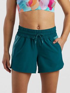 Women's Board Shorts: Tideturn 4" - Colorblock Sporty Nylon Swim Trunks With Functional Drawstring, Nylon Swimwear With Built-in Shorts For Training, Nylon Color Block Activewear For Training, Nylon Swim Trunks With Functional Drawstring, Green Nylon Swimwear With Athleisure Style, Nylon Swim Trunks With Functional Drawstring For Workout, Green Nylon Athleisure Swimwear, Green Nylon Swimwear In Athleisure Style, Short Nylon Swimwear For Training