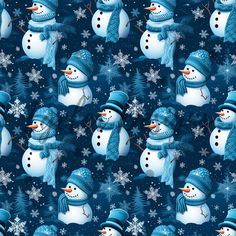 a snowman with a blue hat and scarf on it's head is surrounded by snowflakes