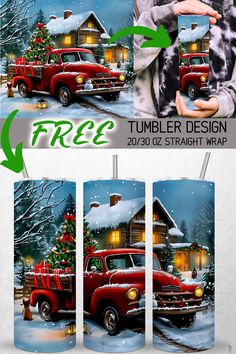 a red truck with a christmas tree on the back is shown in three different pictures