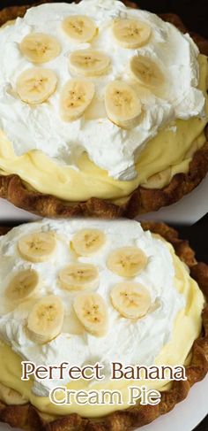 two pies topped with bananas and whipped cream