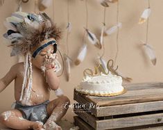 a baby sitting in front of a cake with feathers on it