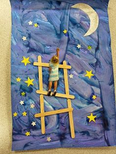 a child on a ladder painting with stars and moon in the night sky above it