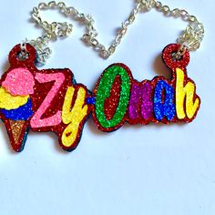 Personalized Ice Cream Name Necklace. Hand made and personalized to your liking. Every piece is made with love. **FREE SHIPPING OVER $35.00* Great gift for birthdays, sisters, Mother's Day, teenagers, kids, and much more! Please provide: 1. Name 2. Desired font 3. Main font color 4. Background/offset color 5. Chain length Rainbow print placement may vary Cute Customized Charm Necklace Gift, Themed Customized Jewelry For Birthday, Whimsical Personalized Necklace For Birthday Gift, Whimsical Personalized Necklaces For Gifts, Multicolor Themed Personalized Jewelry, Whimsical Personalized Jewelry For Birthday, Whimsical Personalized Jewelry For Birthdays, Custom Name Novelty Jewelry For Birthdays, Fun Personalized Charm Necklaces For Gifts