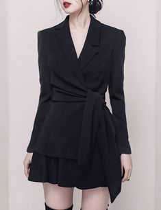 Korean Women Suit, Black Korean, Office Dresses For Women, Asymmetrical Hem Dress, Looks Black