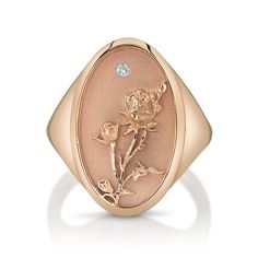 DESCRIPTION The June Birth Flower Signet Ring features one of the most famous and romantic flowers in the world, the rose. Shaped like a vintage saint charm with an intricate rose relief carving and a sparkling diamond, this statement ring is handmade just for you in Los Angeles. Show love to your favorite June baby (or yourself!) with this perfect addition to your everyday collection. Note that this piece is handmade to order. Please allow for a 3-4 week lead time as we craft this special ring. July Birth Flower, June Birth Flower, February Birth Flowers, August Birth Flower, Lily Ring, Diamond Anklet, Relief Carving, Diamond Signet Ring, Organic Cleaning Products