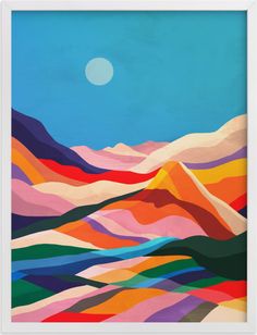 an abstract painting of mountains and hills under a blue sky