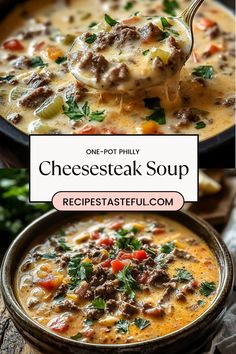 Easy One-Pot Philly Cheesesteak Soup is a hearty and flavorful soup loaded with tender beef, melted cheese, and all the classic Philly cheesesteak ingredients. A comforting meal that's ready in no time! #PhillyCheesesteakSoup #OnePotMeals #ComfortFood Cheesesteak Soup Recipe, Cheese Steak Soup Recipe, Cheesesteak Potato Soup, Philly Cheesesteak Stew, Philly Cheese Soup, Cheesy Beef Soup, Philly Steak Soup, Philly Cheesesteak Soup Crockpot, No Cheese Meals