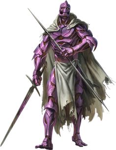 an image of a man with two swords in his hand and purple armor on the other side