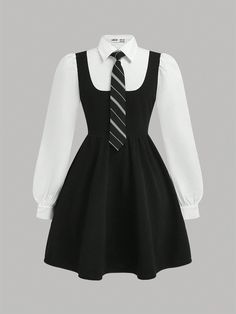 Tween Girl 2 In 1 Black Long Sleeve Collared Dress With Tie, Preppy Uniform Back To School Black Elegant  Long Sleeve Woven Fabric  A Line Non-Stretch  Tween Girls Clothing, size features are:Bust: ,Length: ,Sleeve Length: School Dresses Uniform, Black Dress For Teen, Cute Black Outfits For School, Unique School Uniforms, School Uniform Fashion Aesthetic, French School Uniform, Cute Dresses For School, School Uniforms Cute, School Dress Uniform