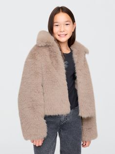 Soft faux fur cropped jacket.  Point collar.  Long sleeves.  Fit: Classic.  A straight & easy fit.  Cropped, hits above the hip. Faux Fur Cropped Jacket, Brand Collaboration, Gap Kids, Girl Coat, Cropped Jacket, Crop Jacket, Faux Fur, Gap, Boy Or Girl