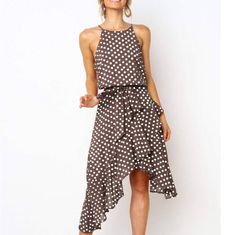 Polka Dots Irregular Sleeveless Belted Ruffles Dots Midi Dress Causal Dresses, Black Polka Dot Dress, Flowy Mini Dress, Beach Maxi Dress, Midi Cocktail Dress, Long Summer Dresses, Midi Dress Sleeveless, Stylish Fashion, Dot Dress